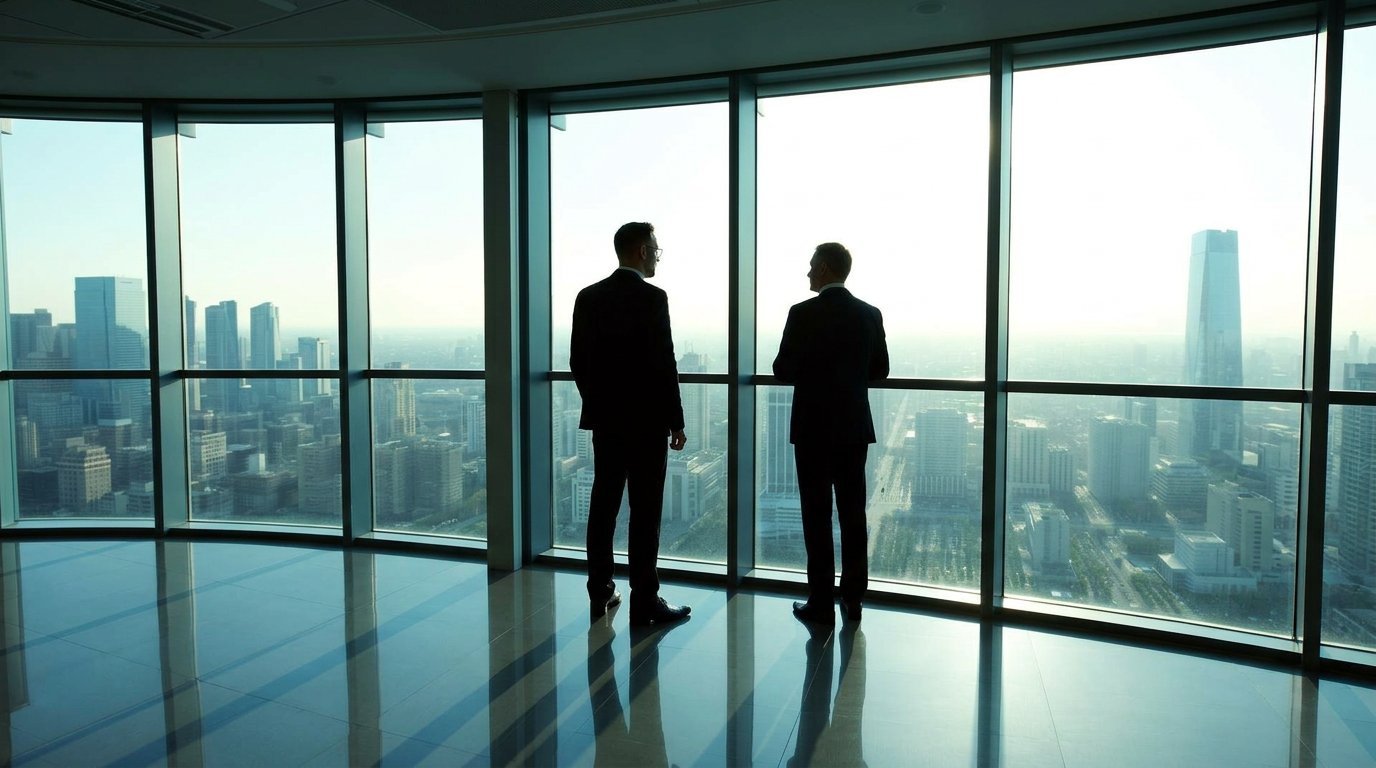Executives in a skyline conference suite