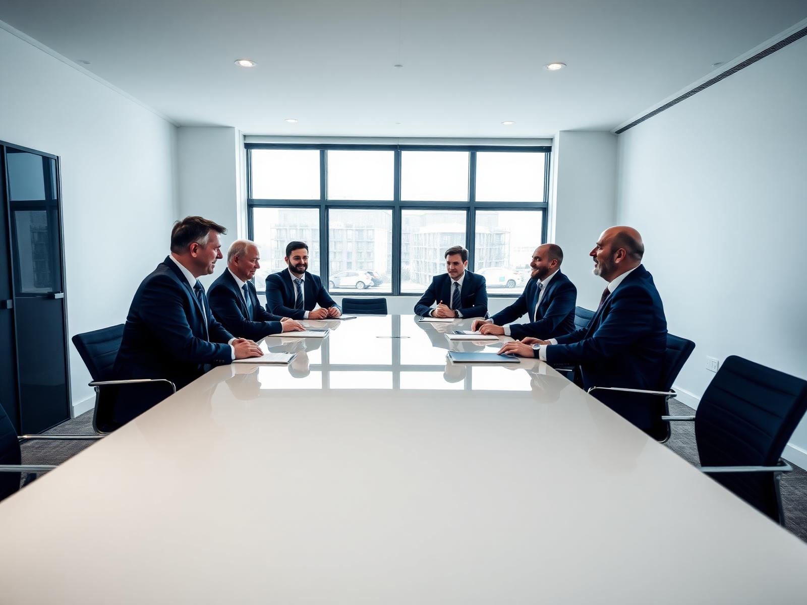 Senior leadership strategy meeting in a modern boardroom